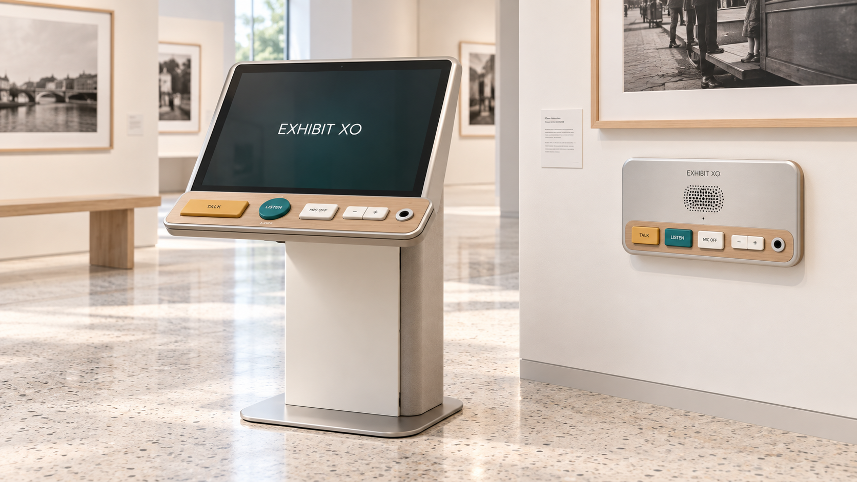 Civic Light industrial-design study showing a pale floor-standing Exhibit XO Station and matching wall-mounted node within a bright photography gallery.
