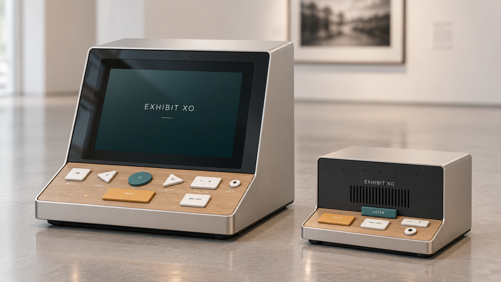Gallery Quiet industrial-design study showing a compact pale tabletop Exhibit XO Station with angled display and tactile controls beside a matching screenless audio node in a quiet gallery.