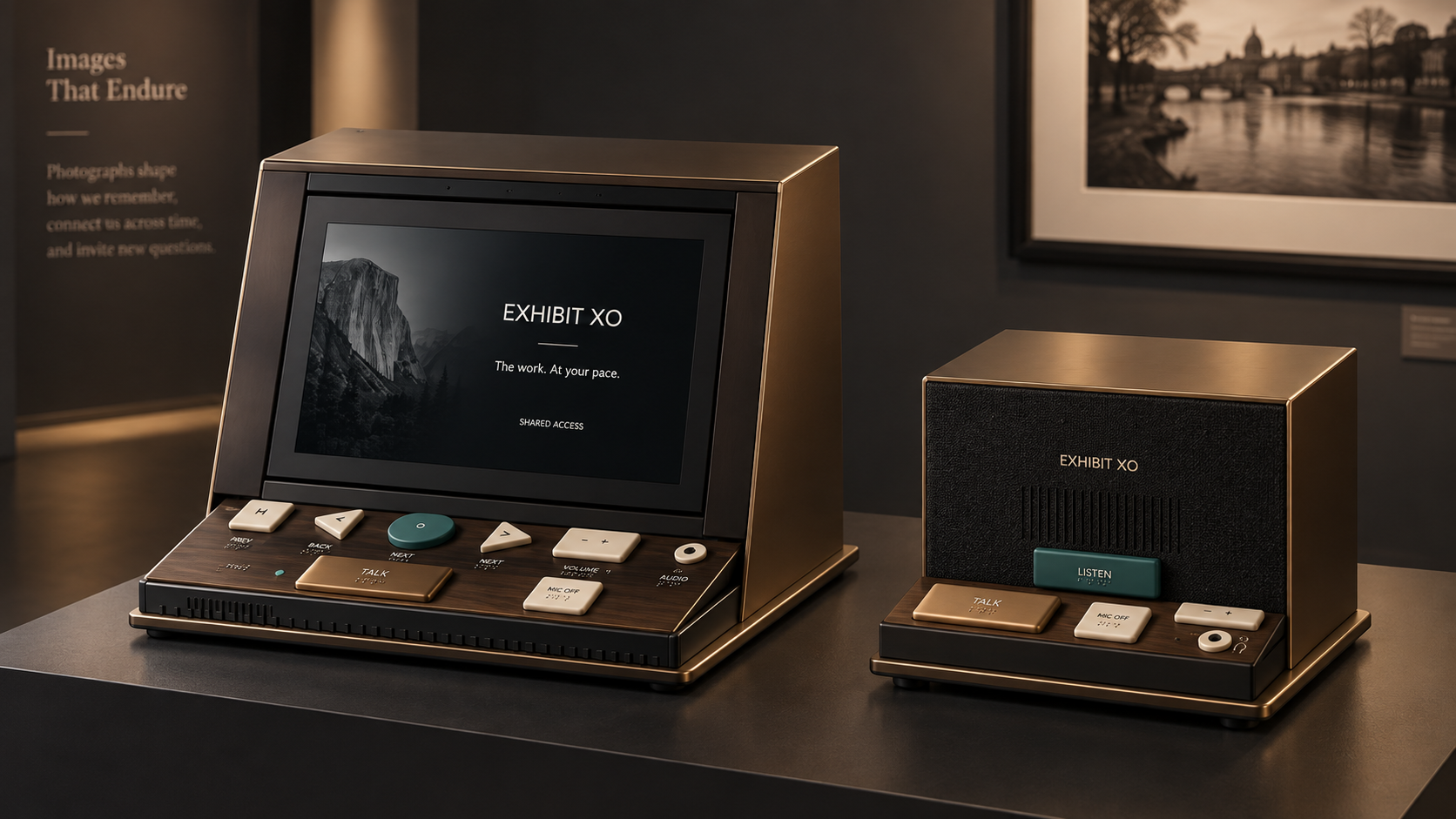 Archive Bronze industrial-design study showing a dark bronze Exhibit XO Station and matching audio node in a low-lit archival gallery setting.