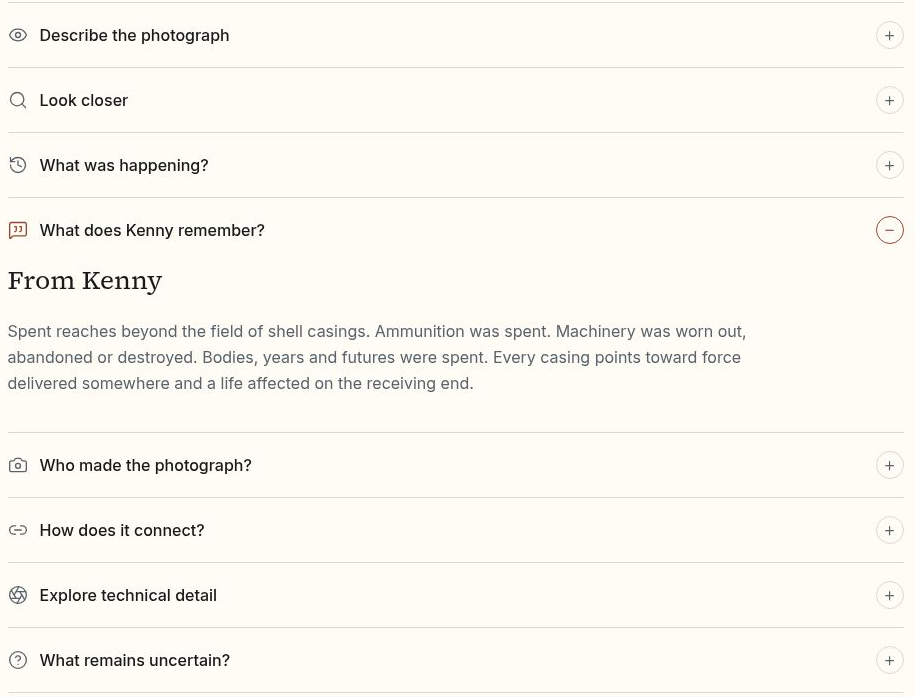 Current AMDW companion capture for Spent showing separate expandable sections for description, close looking, context, Kenny’s recollection, authorship, connections, technical detail, and uncertainty.