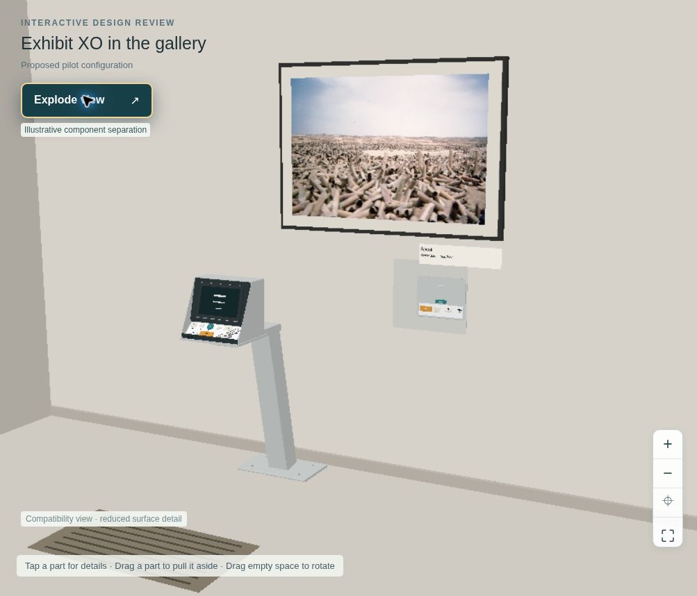 Current 3D inspection in compatibility view, showing Spent on a wall, the proposed station, listening point and tactile floor cue.