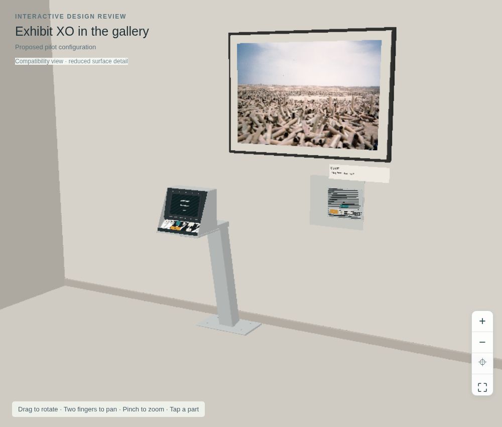 Model-derived gallery view with Spent above the proposed Exhibit XO station and wall node.