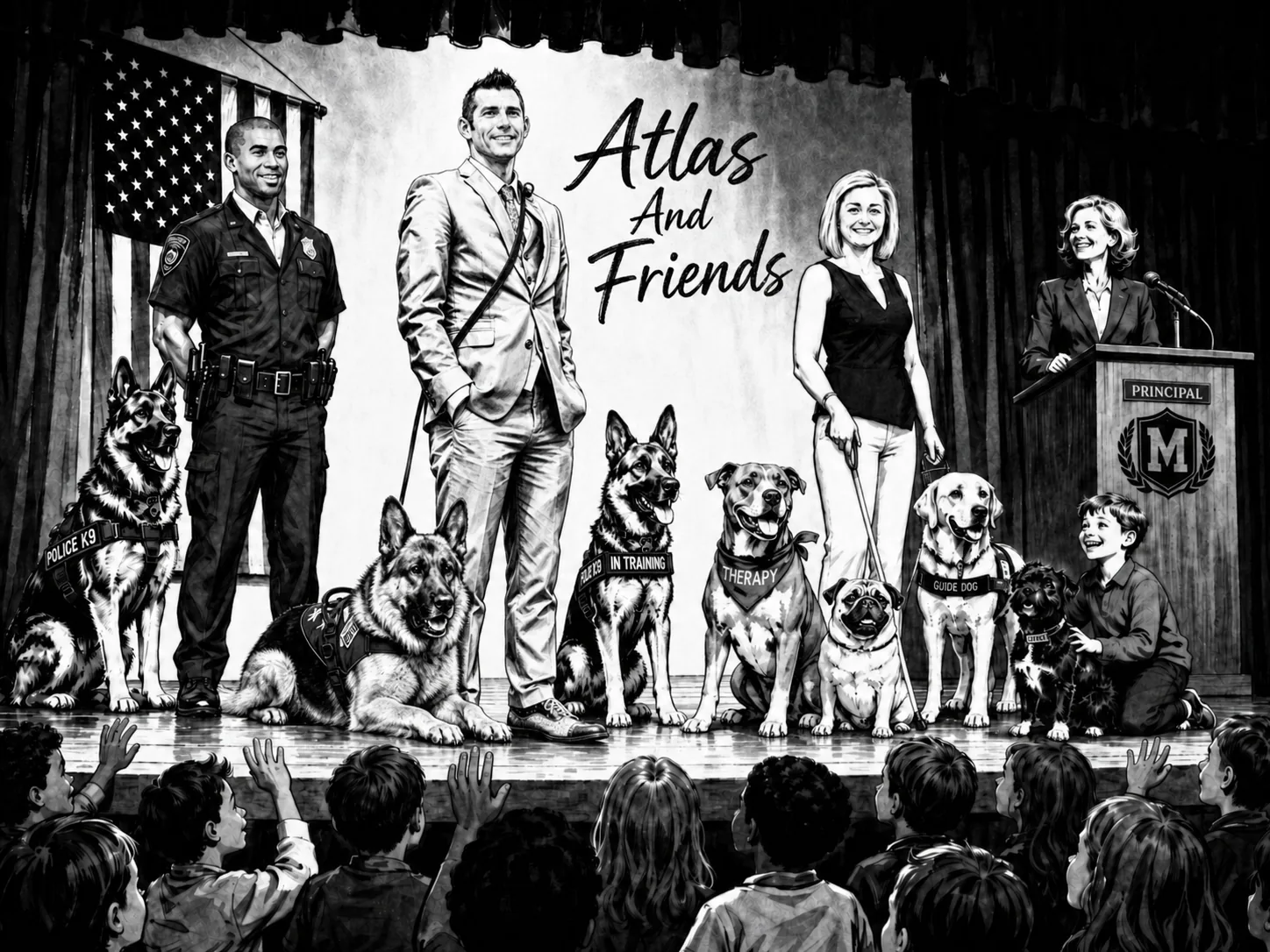 Current concept image for Atlas & Friends, showing Kenny Bass, working-dog handlers, children, and a lineup of working and companion dogs during a school assembly.