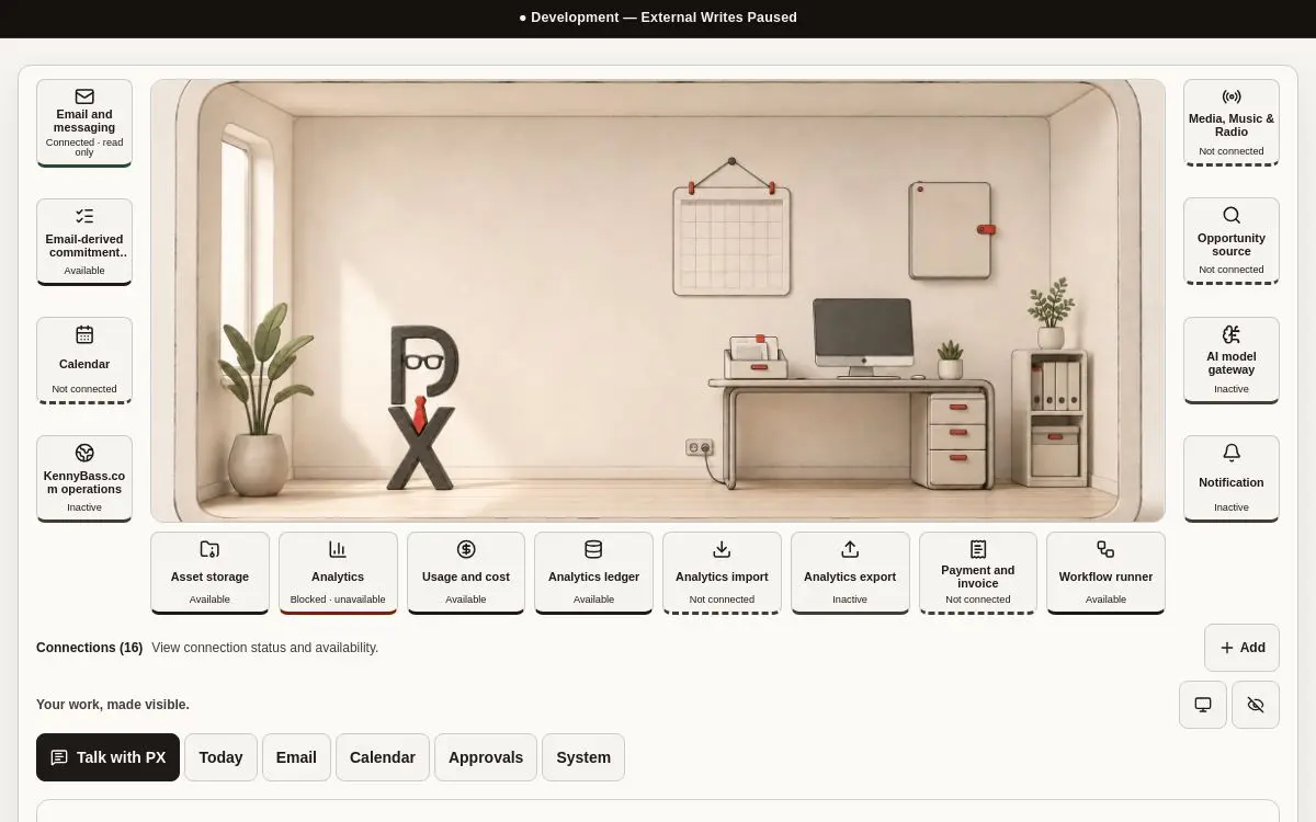 Pocket XO Office showing a conversation alongside Today, Email, Calendar, Approvals, and connected work.