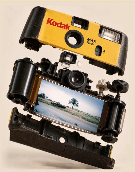 The opened interactive disposable camera reveals its lens mechanism and a photograph on its film strip.