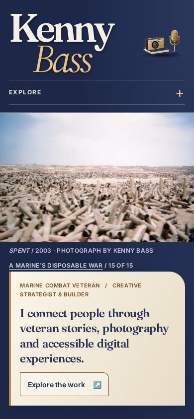 Narrow-phone homepage of KennyBass.com with the same artwork and a compact navigation disclosure.